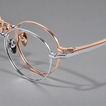 Rounded panto titanium glasses with a raised bridge and dotted temple accents, frame details additional product view