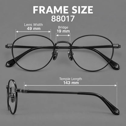 Rounded panto titanium glasses with a raised bridge and dotted temple accents, size guide in millimetres additional product view