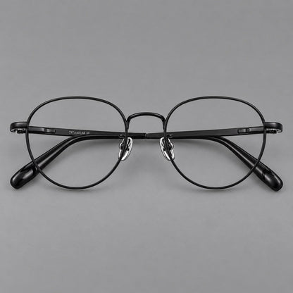 Classic round titanium glasses with broad flat temples and inset hinge details in Black, front view side view