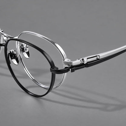 Classic round titanium glasses with broad flat temples and inset hinge details, frame details additional product view