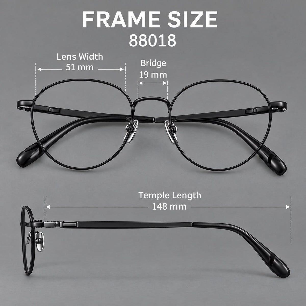 Classic round titanium glasses with broad flat temples and inset hinge details, size guide in millimetres