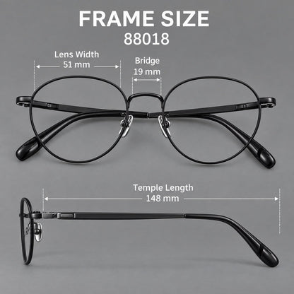 Classic round titanium glasses with broad flat temples and inset hinge details, size guide in millimetres additional product view