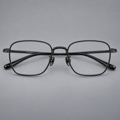 Deep square titanium glasses with a flatter brow and grooved outer shoulders in Black, front view side view