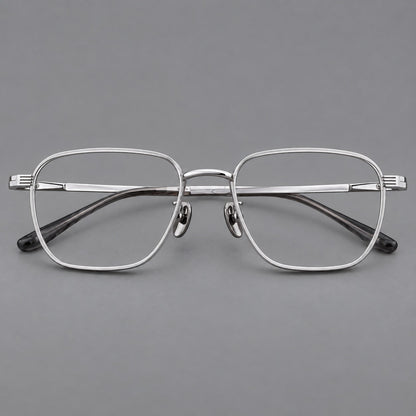 Deep square titanium glasses with a flatter brow and grooved outer shoulders in Silver, front view additional product view