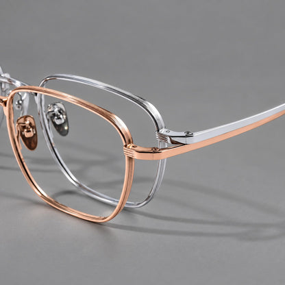 Deep square titanium glasses with a flatter brow and grooved outer shoulders, frame details additional product view