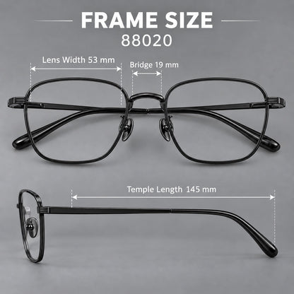 Deep square titanium glasses with a flatter brow and grooved outer shoulders, size guide in millimetres additional product view