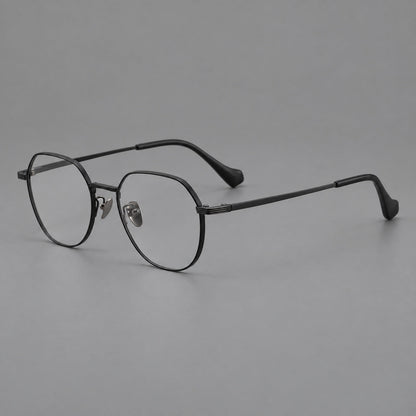 Geometric titanium glasses with soft polygonal rims and fine shoulder detailing in Black, three quarter view