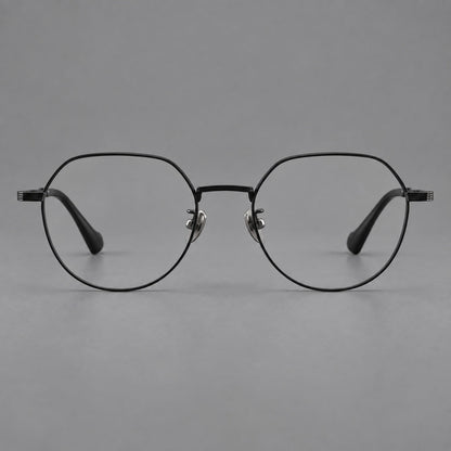 Geometric titanium glasses with soft polygonal rims and fine shoulder detailing in Black, front view side view