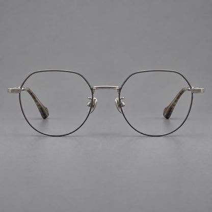 Geometric titanium glasses with soft polygonal rims and fine shoulder detailing in Gray and Silver, front view additional product view