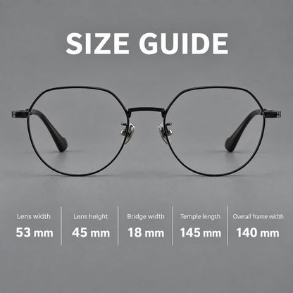 Geometric titanium glasses with soft polygonal rims and fine shoulder detailing, size guide in millimetres additional product view