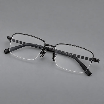 Classic half frame titanium glasses with rectangular lenses and lined temples in Black, three quarter view