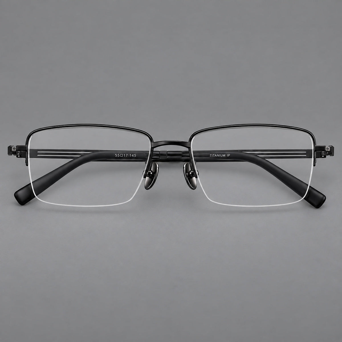Classic half frame titanium glasses with rectangular lenses and lined temples in Black, front view