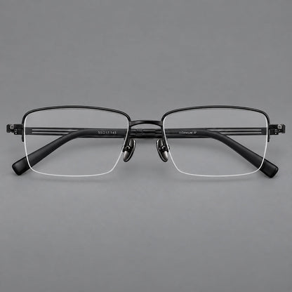 Classic half frame titanium glasses with rectangular lenses and lined temples in Black, front view side view