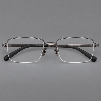 Classic half frame titanium glasses with rectangular lenses and lined temples in Gunmetal, front view frame detail