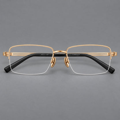 Classic half frame titanium glasses with rectangular lenses and lined temples in Gold, front view temple detail
