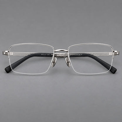 Classic half frame titanium glasses with rectangular lenses and lined temples in Silver, front view additional product view