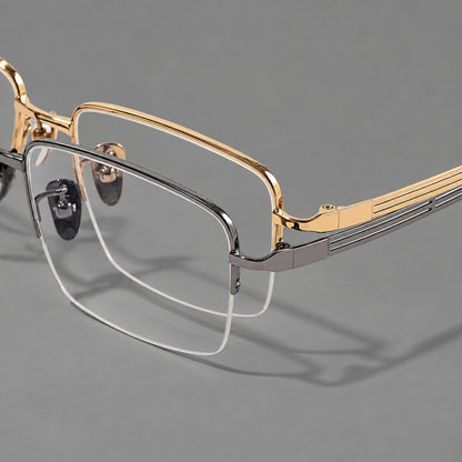 Classic half frame titanium glasses with rectangular lenses and lined temples, frame details additional product view