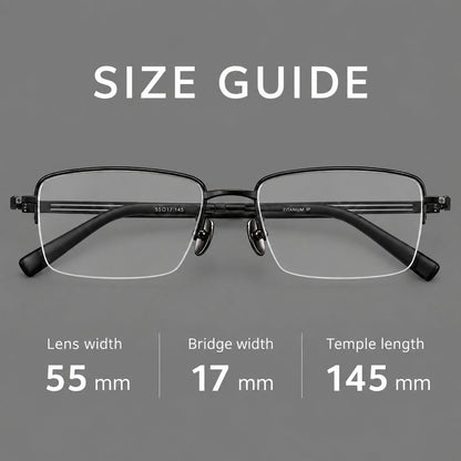 Classic half frame titanium glasses with rectangular lenses and lined temples, size guide in millimetres additional product view