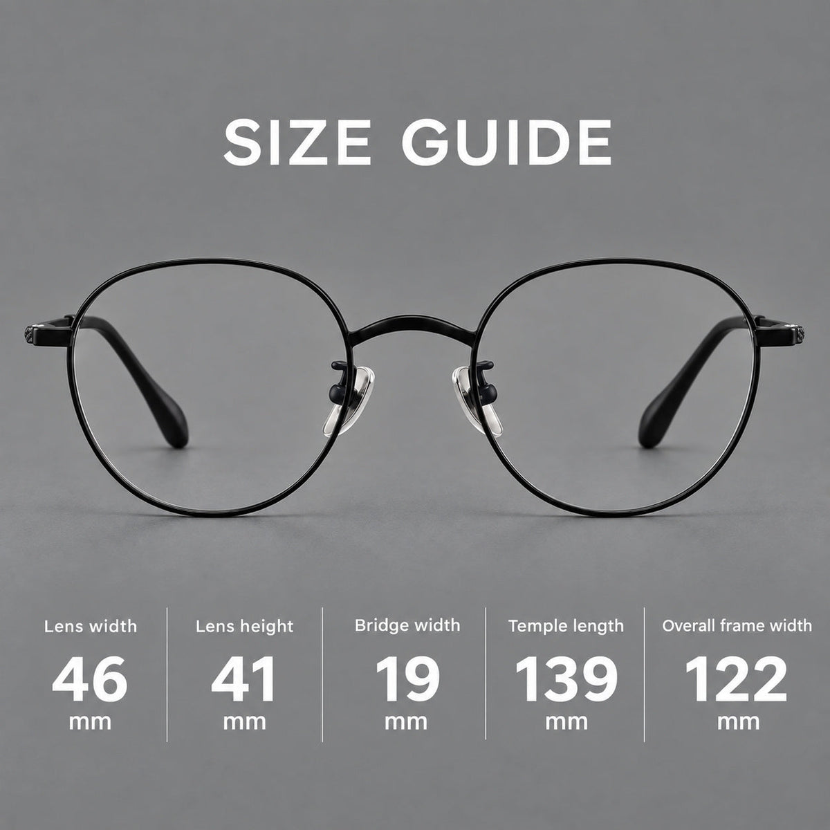 Compact round titanium glasses with an arched bridge and textured temple accents, size guide in millimetres
