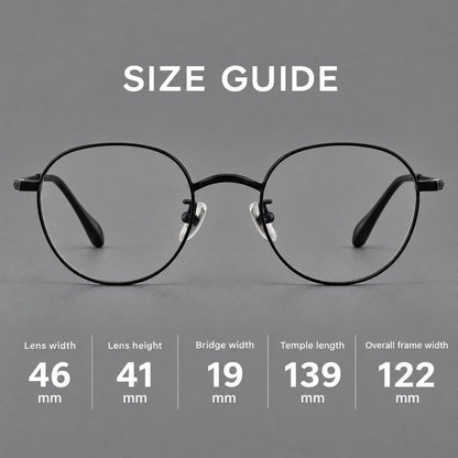 Compact round titanium glasses with an arched bridge and textured temple accents, size guide in millimetres additional product view