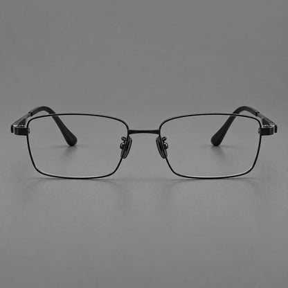 Slim rectangular titanium glasses with broad temples and contrasting dark inserts in Black, front view side view