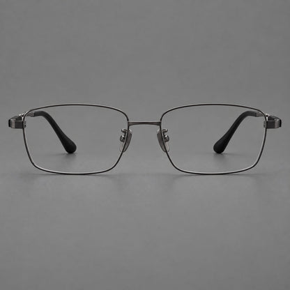 Slim rectangular titanium glasses with broad temples and contrasting dark inserts in Gunmetal, front view frame detail