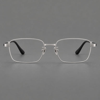 Slim rectangular titanium glasses with broad temples and contrasting dark inserts in Silver, front view additional product view