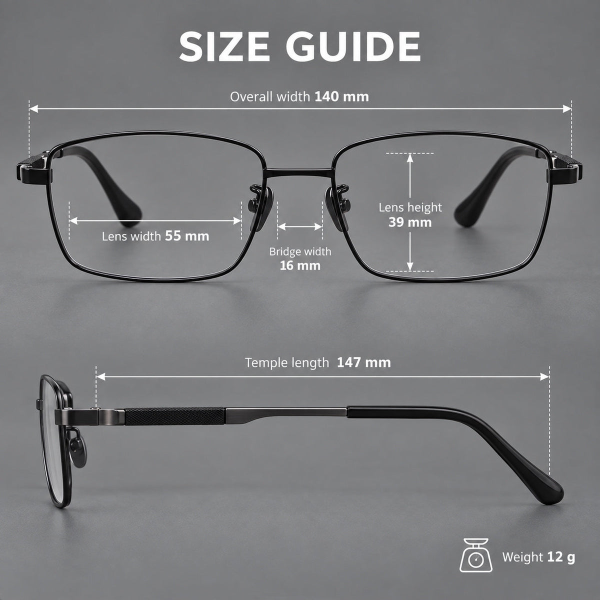 Slim rectangular titanium glasses with broad temples and contrasting dark inserts, size guide in millimetres