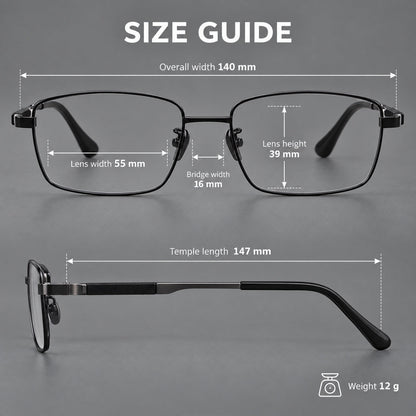 Slim rectangular titanium glasses with broad temples and contrasting dark inserts, size guide in millimetres additional product view