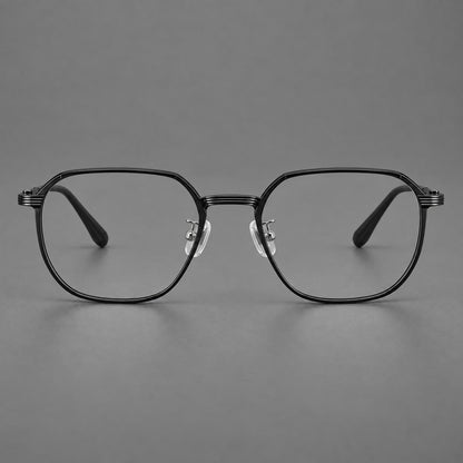 Geometric titanium glasses with flattened corners and a finely ridged bridge in Black, front view side view