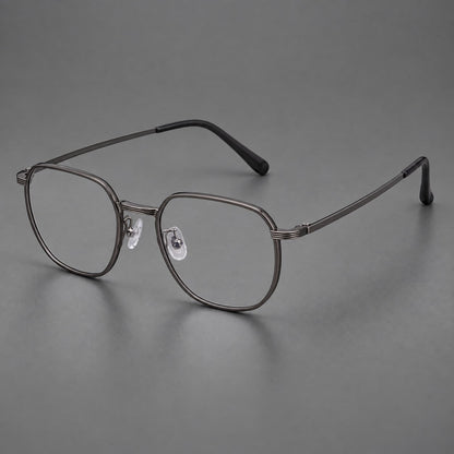 Geometric titanium glasses with flattened corners and a finely ridged bridge in Dark Gray, three quarter view front view