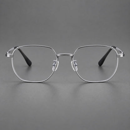 Geometric titanium glasses with flattened corners and a finely ridged bridge in Silver, front view additional product view