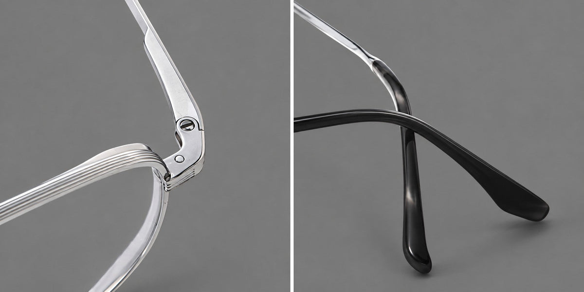 Geometric titanium glasses with flattened corners and a finely ridged bridge, frame details