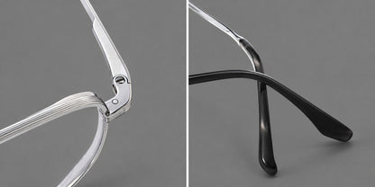 Geometric titanium glasses with flattened corners and a finely ridged bridge, frame details additional product view