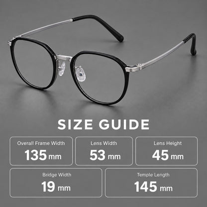 Geometric titanium glasses with flattened corners and a finely ridged bridge, size guide in millimetres additional product view