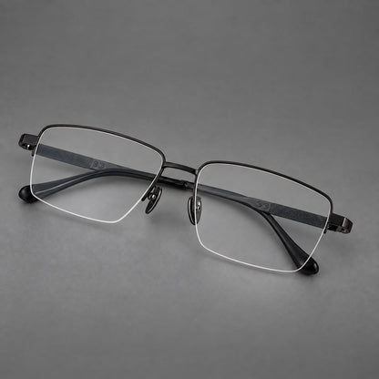 Wide half frame titanium glasses with rectangular lenses and textured temples in Black, three quarter view
