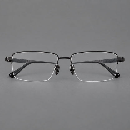 Wide half frame titanium glasses with rectangular lenses and textured temples in Black, front view side view