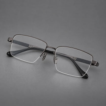 Wide half frame titanium glasses with rectangular lenses and textured temples in Gunmetal, three quarter view front view