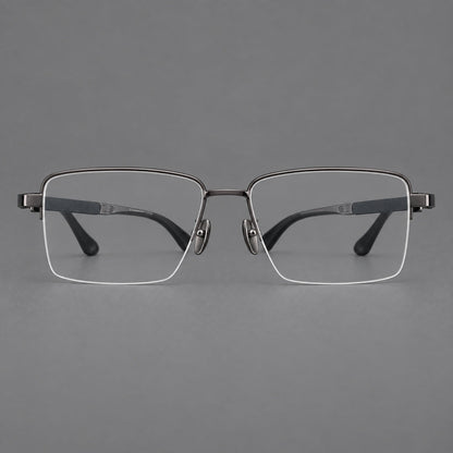Wide half frame titanium glasses with rectangular lenses and textured temples in Gunmetal, front view frame detail