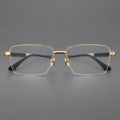 Wide half frame titanium glasses with rectangular lenses and textured temples in Gold, front view temple detail