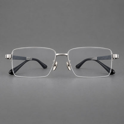 Wide half frame titanium glasses with rectangular lenses and textured temples in Silver, front view additional product view