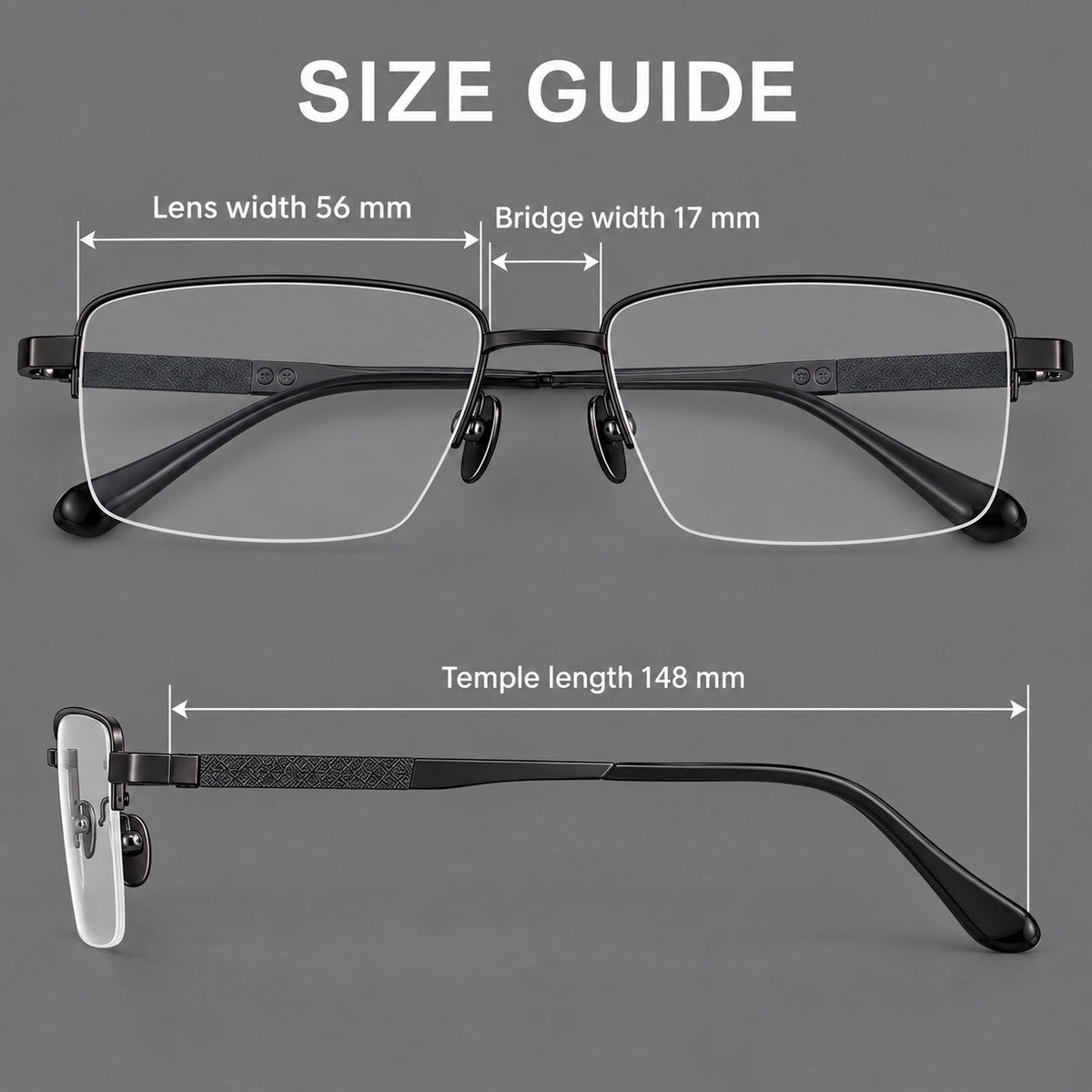 Wide half frame titanium glasses with rectangular lenses and textured temples, size guide in millimetres