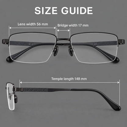 Wide half frame titanium glasses with rectangular lenses and textured temples, size guide in millimetres additional product view
