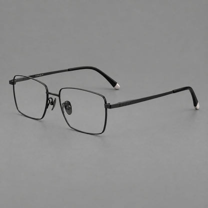 Clean rectangular titanium glasses with inset temple details and pale end accents in Black, three quarter view
