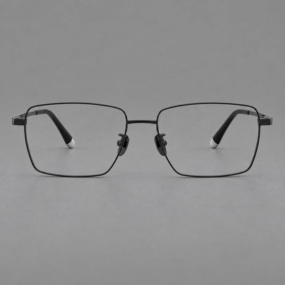 Clean rectangular titanium glasses with inset temple details and pale end accents in Black, front view side view