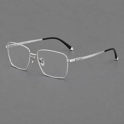 Clean rectangular titanium glasses with inset temple details and pale end accents in Silver, three quarter view lens detail