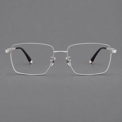Clean rectangular titanium glasses with inset temple details and pale end accents in Silver, front view temple detail