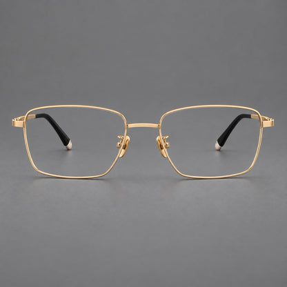Clean rectangular titanium glasses with inset temple details and pale end accents in Gold, front view additional product view