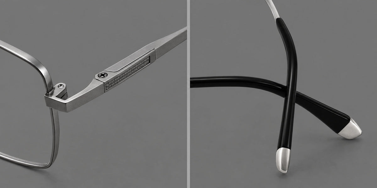 Clean rectangular titanium glasses with inset temple details and pale end accents, frame details