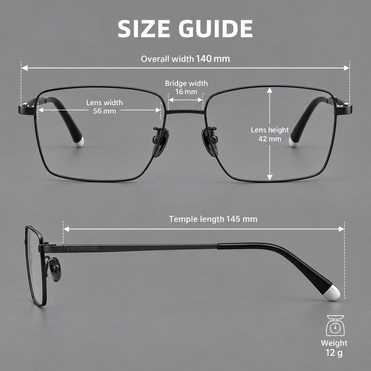 Clean rectangular titanium glasses with inset temple details and pale end accents, size guide in millimetres